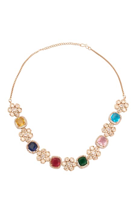 Just Shradhas Multi Color Fabric Flowers, Stones Kundan Embellished Necklace Set Online at Aza Fashions Just Shradhas_Multi Color Fabric Flowers, Stones Kundan Embellished Necklace Set _Online_at_Aza_Fashions