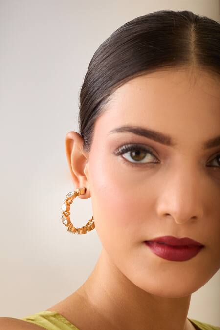 Shop_Just Shradhas_Gold Plated Gota Patti Kundan Stone Embellished Hoops _Online_at_Aza_Fashions
