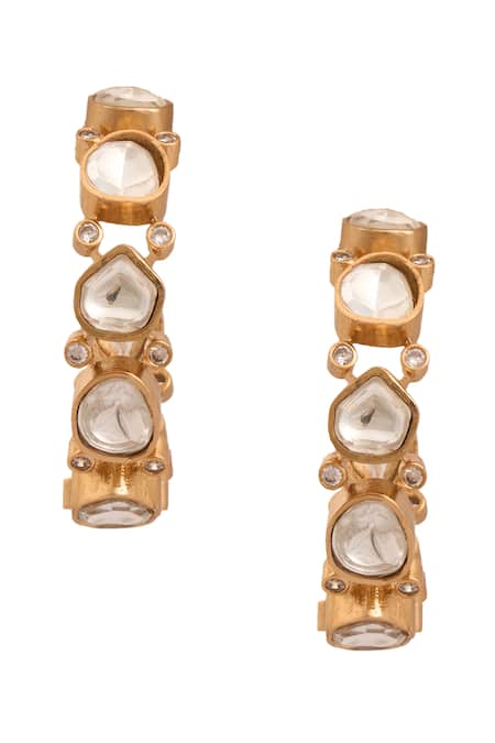 Shop_Just Shradhas_Gold Plated Gota Patti Kundan Stone Embellished Hoops _at_Aza_Fashions