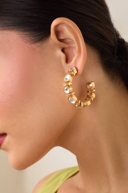 Just Shradhas_Gold Plated Gota Patti Kundan Stone Embellished Hoops _at_Aza_Fashions
