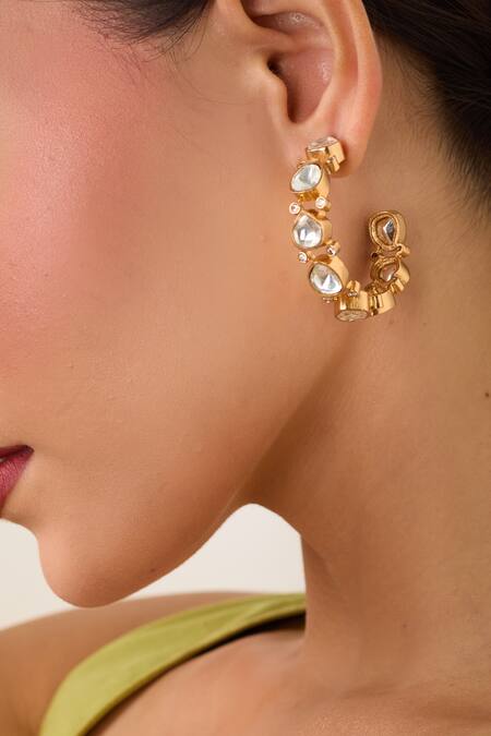 Shop_Just Shradhas_Gold Plated Gota Patti Kundan Stone Embellished Hoops 