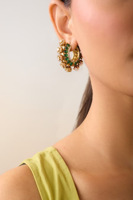 Shop_Just Shradhas_Gold Plated Pearls, Stones And Green Hoops _Online_at_Aza_Fashions