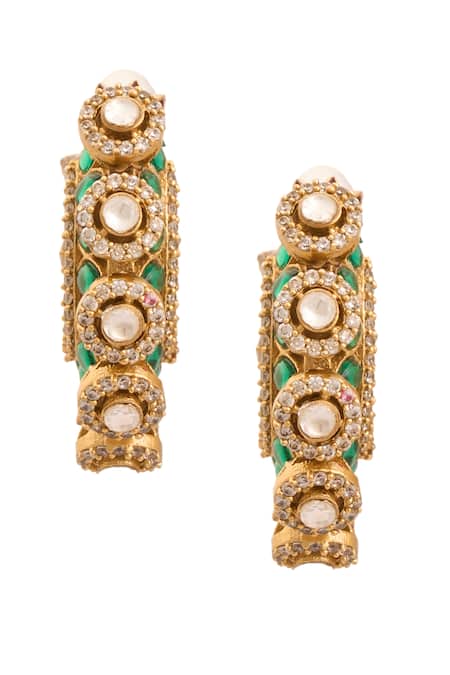 Just Shradhas Gold Pearl & Green Stone Hoops 