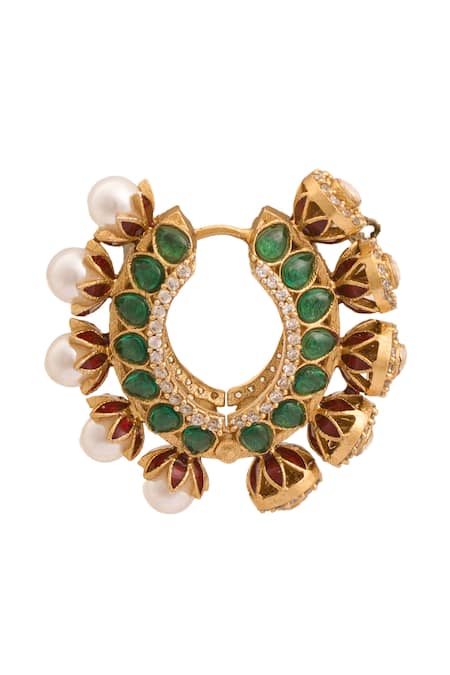 Just Shradhas_Gold Plated Pearls, Stones And Green Hoops _at_Aza_Fashions