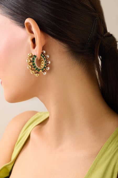 Buy_Just Shradhas_Gold Plated Pearls, Stones And Green Hoops 