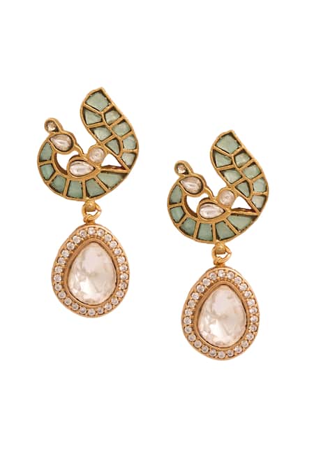Shop Just Shradhas Blue Pearls, Stones Gold Bird Motif Natural Earrings at Aza Fashions Shop_Just Shradhas_Blue Pearls, Stones Gold Bird Motif Natural Earrings _at_Aza_Fashions