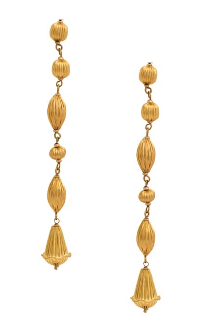 Shop_Just Shradhas_Gold Plated Carved Long Earrings _at_Aza_Fashions