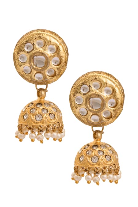 Shop Just Shradhas Gold Plated Pearls, Stones Natural And Jhumka Earrings at Aza Fashions Shop_Just Shradhas_Gold Plated Pearls, Stones Natural And Jhumka Earrings _at_Aza_Fashions