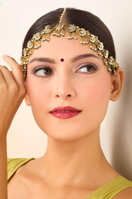 Shop Just Shradhas Gold Plated Natural Stone And Pearl Maathapatti Online at Aza Fashions Shop_Just Shradhas_Gold Plated Natural Stone And Pearl Maathapatti _Online_at_Aza_Fashions