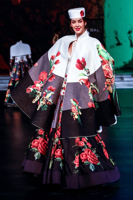 Shop Rohit Bal Black Chanderi Silk Mandarin Collar Rose Printed Anarkali Set With Cape at Aza Fashions Shop_Rohit Bal_Black Chanderi Silk Mandarin Collar Rose Printed Anarkali Set With Cape _at_Aza_Fashions