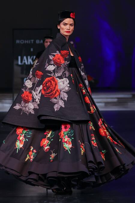Rohit Bal_Black Chanderi Embroidery Round Neck Botanical Print Cape And Anarkali Set _Online_at_Aza_Fashions