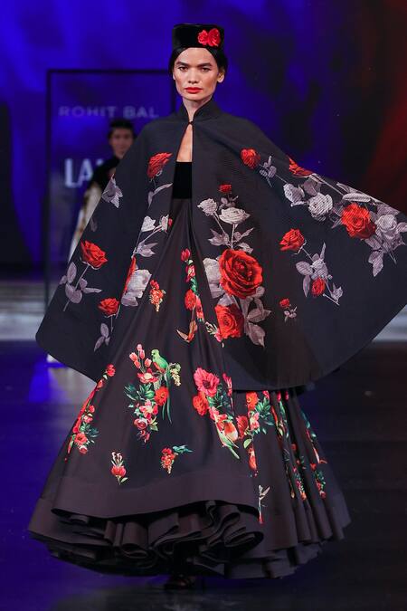 Buy_Rohit Bal_Black Chanderi Embroidery Round Neck Botanical Print Cape And Anarkali Set _Online_at_Aza_Fashions