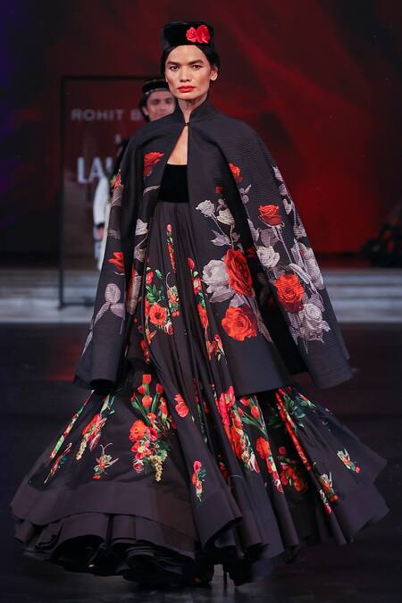 Shop_Rohit Bal_Black Chanderi Embroidery Round Neck Botanical Print Cape And Anarkali Set _Online_at_Aza_Fashions