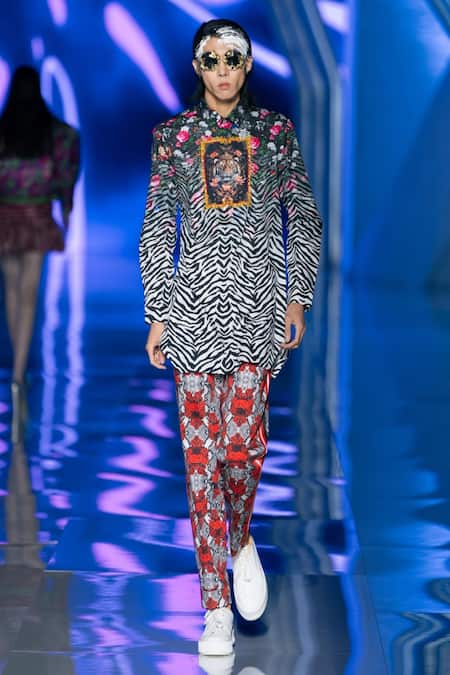 Shop MR. Ajay Kumar Red Cotton Satin Floral Checkered Print Pant at Aza Fashions Shop_MR. Ajay Kumar_Red Cotton Satin Floral Checkered Print Pant _at_Aza_Fashions