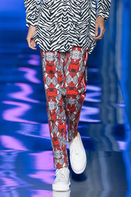 MR. Ajay Kumar Red Cotton Satin Floral Checkered Print Pant Online at Aza Fashions MR. Ajay Kumar_Red Cotton Satin Floral Checkered Print Pant _Online_at_Aza_Fashions