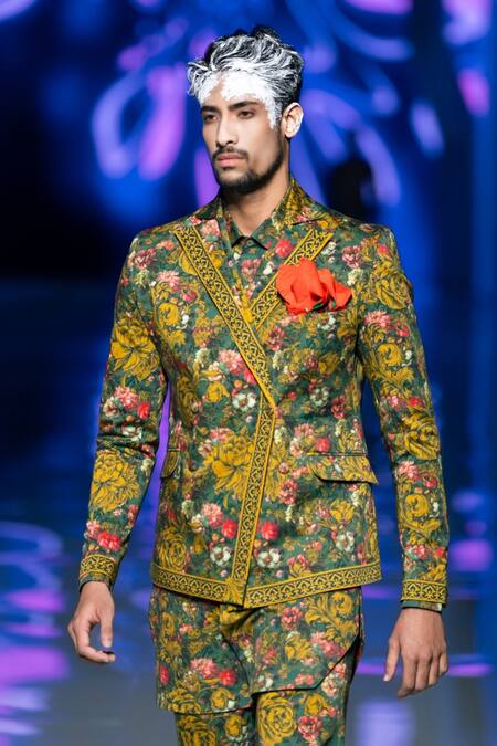 Buy_MR. Ajay Kumar_Multi Color Cotton Satin Embroidery Multicolor Flower Bunch Print Blazer _Online_at_Aza_Fashions