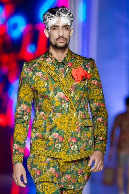 Shop_MR. Ajay Kumar_Multi Color Cotton Satin Embroidery Multicolor Flower Bunch Print Blazer _Online_at_Aza_Fashions