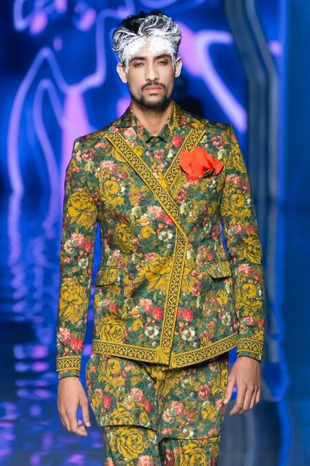 MR. Ajay Kumar_Multi Color Cotton Satin Embroidery Multicolor Flower Bunch Print Blazer _at_Aza_Fashions