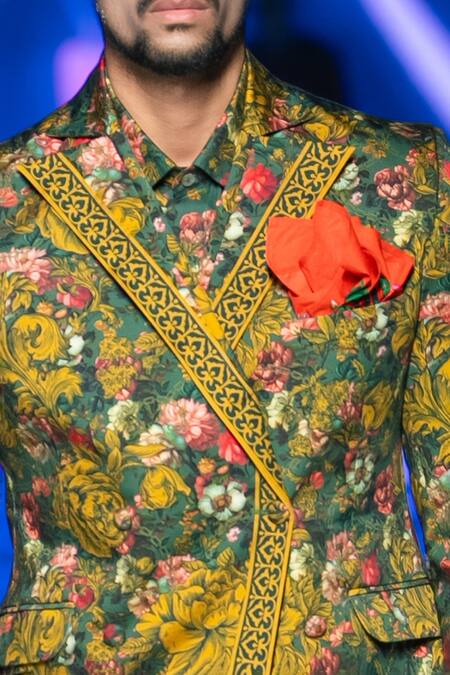 Buy_MR. Ajay Kumar_Multi Color Cotton Satin Embroidery Multicolor Flower Bunch Print Blazer 