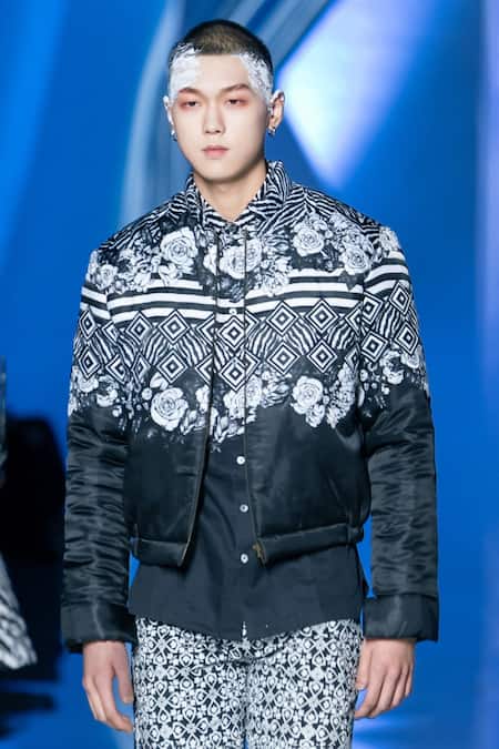 Shop MR. Ajay Kumar Black Polyester Floral Stripe Print Jacket at Aza Fashions Shop_MR. Ajay Kumar_Black Polyester Floral Stripe Print Jacket _at_Aza_Fashions