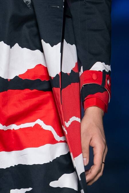 MR. Ajay Kumar_Black Cotton Satin Geometric Print Longline Blazer _Online_at_Aza_Fashions