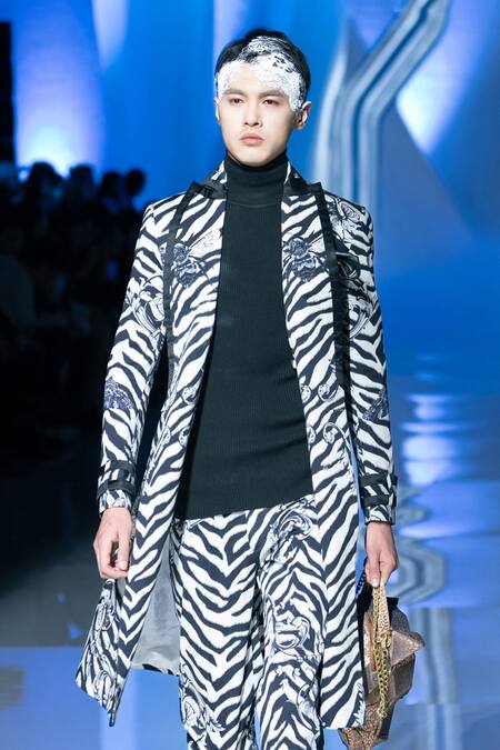 Buy_MR. Ajay Kumar_Black Cotton Satin Floral Stripe Printed Blazer _Online_at_Aza_Fashions