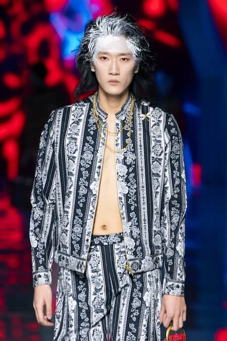 MR. Ajay Kumar_Black Cotton Satin Floral Stripe Print Jacket _Online_at_Aza_Fashions