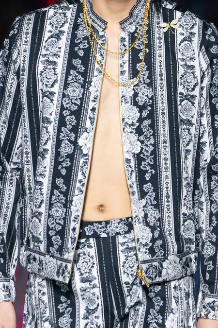 Buy_MR. Ajay Kumar_Black Cotton Satin Floral Stripe Print Jacket _Online_at_Aza_Fashions