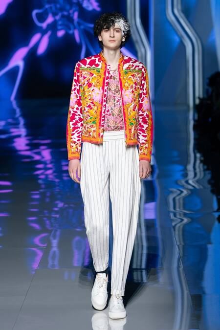 MR. Ajay Kumar_Pink Cotton Satin Embroidery Lotus Floral Print Jacket _Online_at_Aza_Fashions