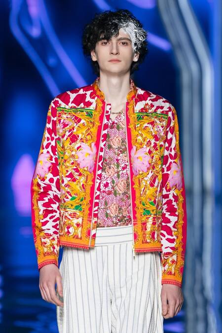 Buy_MR. Ajay Kumar_Pink Cotton Satin Embroidery Lotus Floral Print Jacket _Online_at_Aza_Fashions