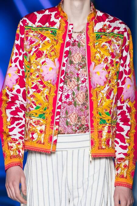 Shop_MR. Ajay Kumar_Pink Cotton Satin Embroidery Lotus Floral Print Jacket _Online_at_Aza_Fashions