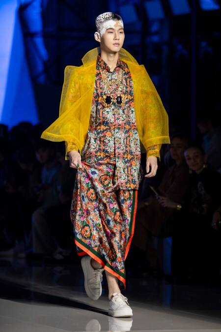 MR. Ajay Kumar Yellow Net Ruffle Jacket 