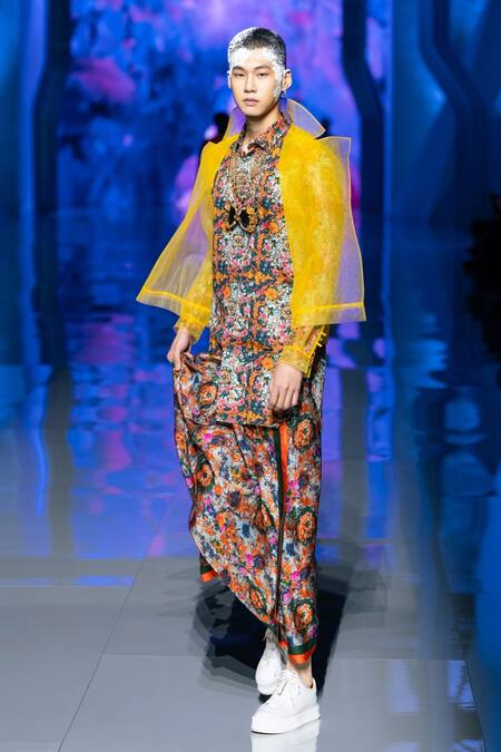 MR. Ajay Kumar_Yellow Net Racerback Ruffle Jacket _Online_at_Aza_Fashions