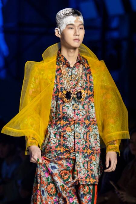 Buy_MR. Ajay Kumar_Yellow Net Racerback Ruffle Jacket _Online_at_Aza_Fashions