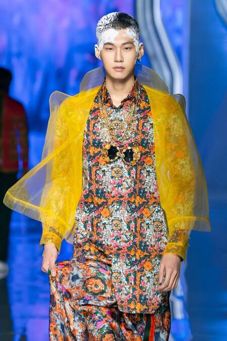 Buy_MR. Ajay Kumar_Yellow Net Racerback Ruffle Jacket 