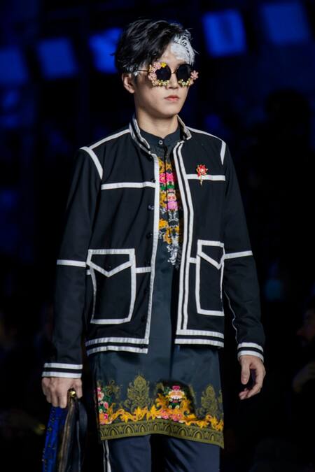 MR. Ajay Kumar_Black Cotton Satin Embroidery Floral Embellished Jacket _Online_at_Aza_Fashions