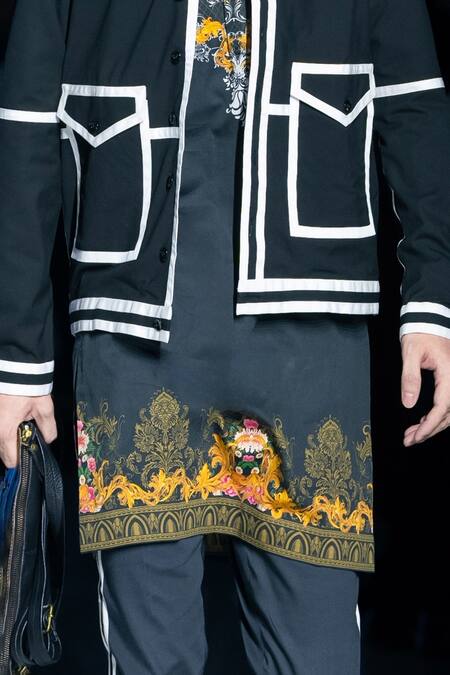 Buy_MR. Ajay Kumar_Black Cotton Satin Embroidery Floral Embellished Jacket _Online_at_Aza_Fashions