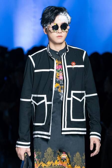 Shop_MR. Ajay Kumar_Black Cotton Satin Embroidery Floral Embellished Jacket _Online_at_Aza_Fashions