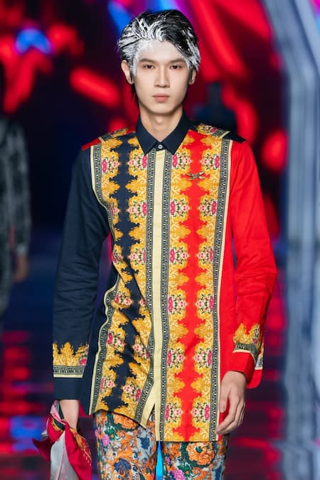 Buy_MR. Ajay Kumar_Multi Color Cotton Multicolor Geometric Print Shirt Kurta _Online_at_Aza_Fashions