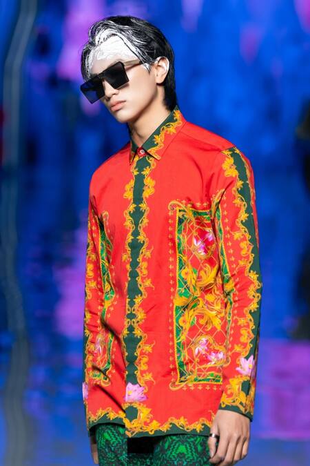 MR. Ajay Kumar_Red Cotton Paisley Floral Print Shirt _Online_at_Aza_Fashions