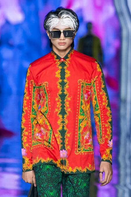 Buy_MR. Ajay Kumar_Red Cotton Paisley Floral Print Shirt _Online_at_Aza_Fashions