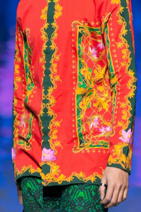 Shop_MR. Ajay Kumar_Red Cotton Paisley Floral Print Shirt _Online_at_Aza_Fashions