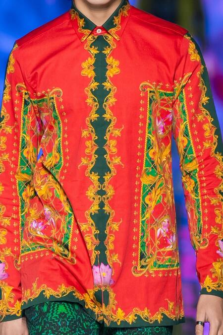 MR. Ajay Kumar_Red Cotton Paisley Floral Print Shirt _at_Aza_Fashions