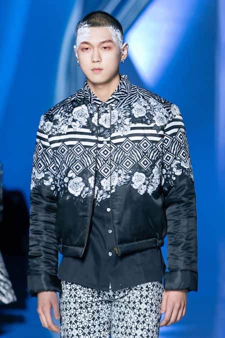 MR. Ajay Kumar Floral Geometric Print Black Shirt 