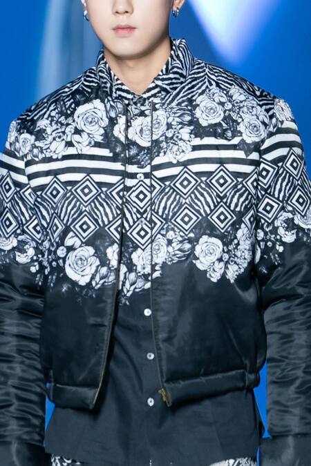 MR. Ajay Kumar_Black Cotton Floral Geometric Print Shirt _Online_at_Aza_Fashions