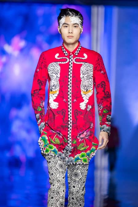 MR. Ajay Kumar_Pink Cotton Abstract Animal Printed Crest Shirt _Online_at_Aza_Fashions
