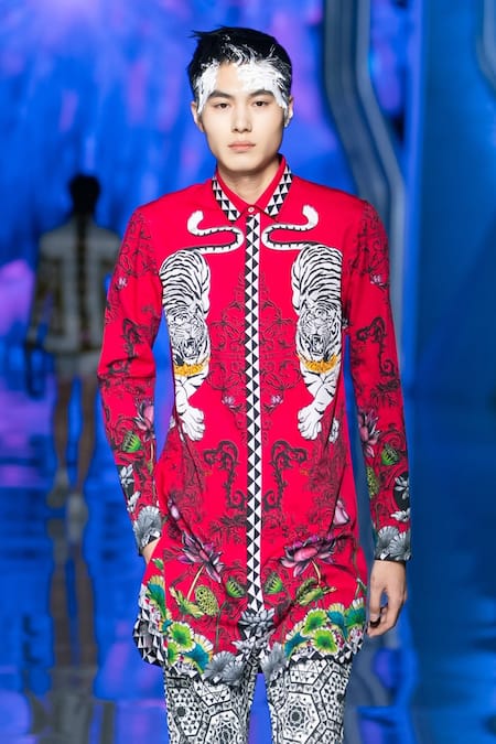 Buy_MR. Ajay Kumar_Pink Cotton Abstract Animal Printed Crest Shirt _Online_at_Aza_Fashions