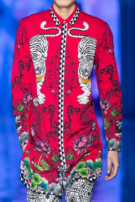 Shop_MR. Ajay Kumar_Pink Cotton Abstract Animal Printed Crest Shirt _Online_at_Aza_Fashions