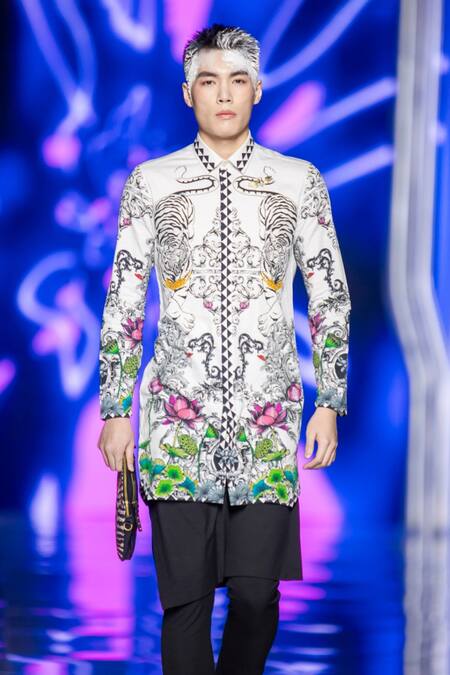 MR. Ajay Kumar_White Cotton Botanical Print Shirt Kurta _Online_at_Aza_Fashions