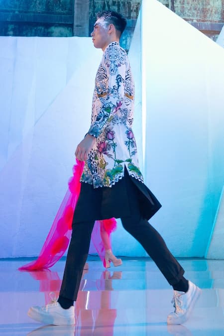 Shop_MR. Ajay Kumar_White Cotton Botanical Print Shirt Kurta _Online_at_Aza_Fashions